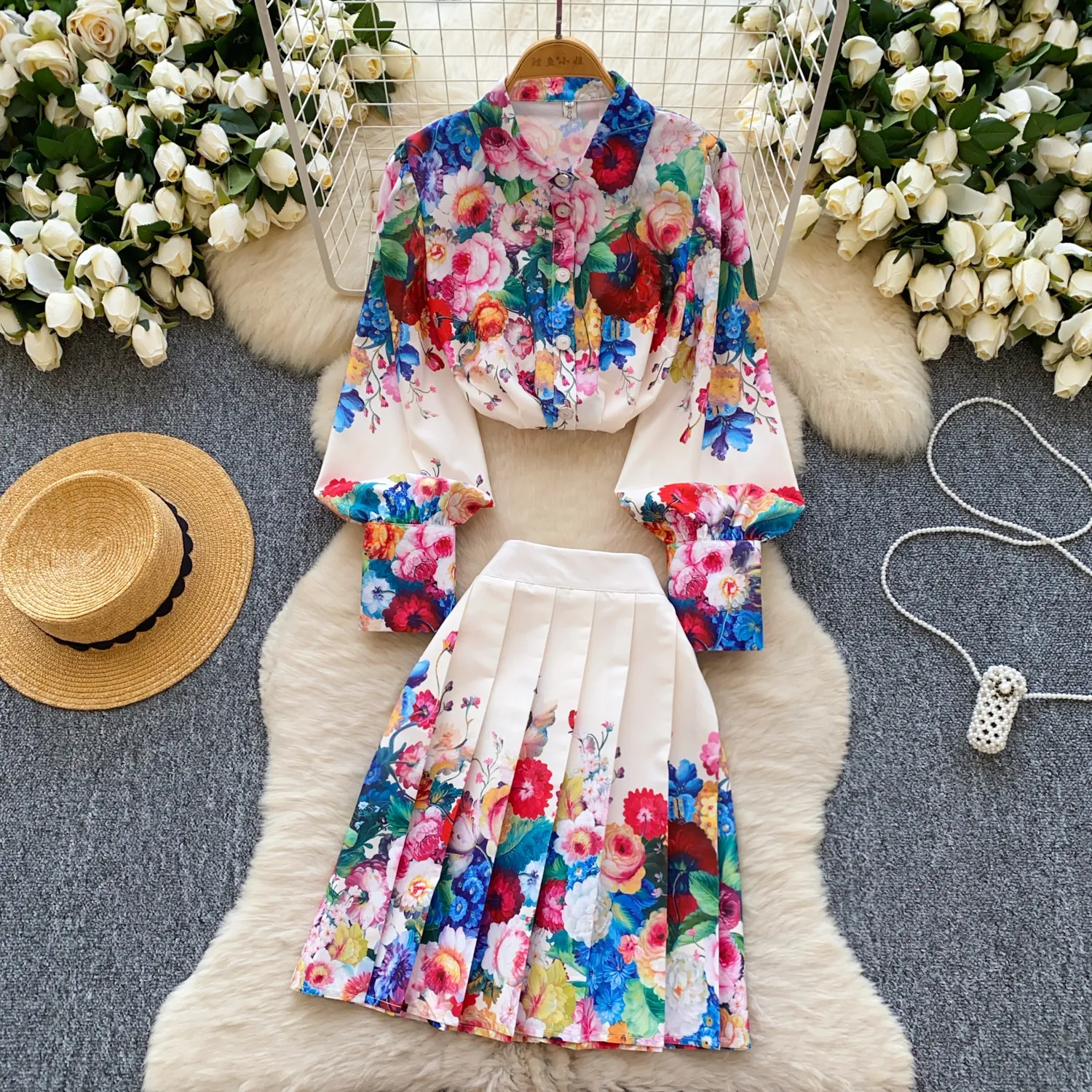 Save Big on Bulk Piece Skirt Outfits Two Piece Dress Floral Vintage  Piece Sets 2025 Women Clothing Long Lantern Sleeve Blouses High Waist  Pleated