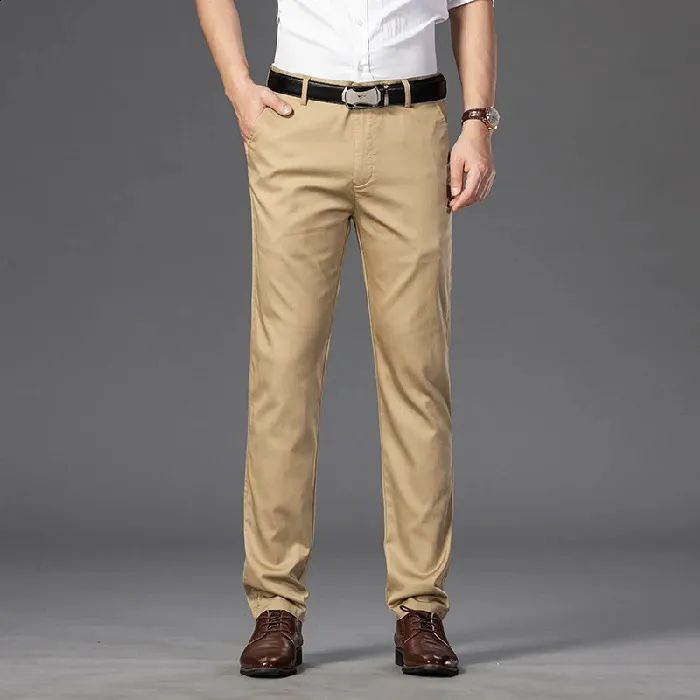 Pantalones De Traje Para Hombre Color Beige - Tela Elástica, Corte Holgado, Ideales Para Oficina O Eventos Casuales