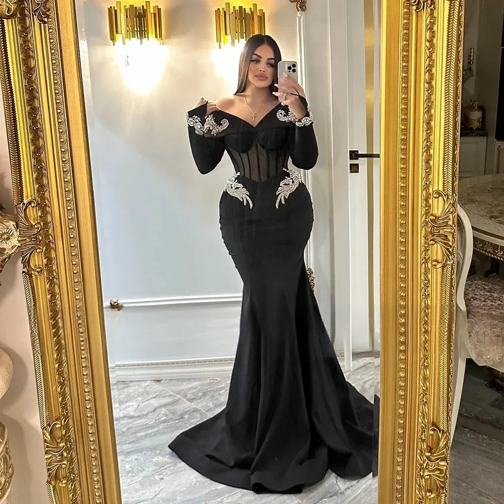 green emerald velvet dress Off The Shoulder Ankle-Length Black Long Prom Dress Party Dress PG436 US6 / Custom Color main image 0