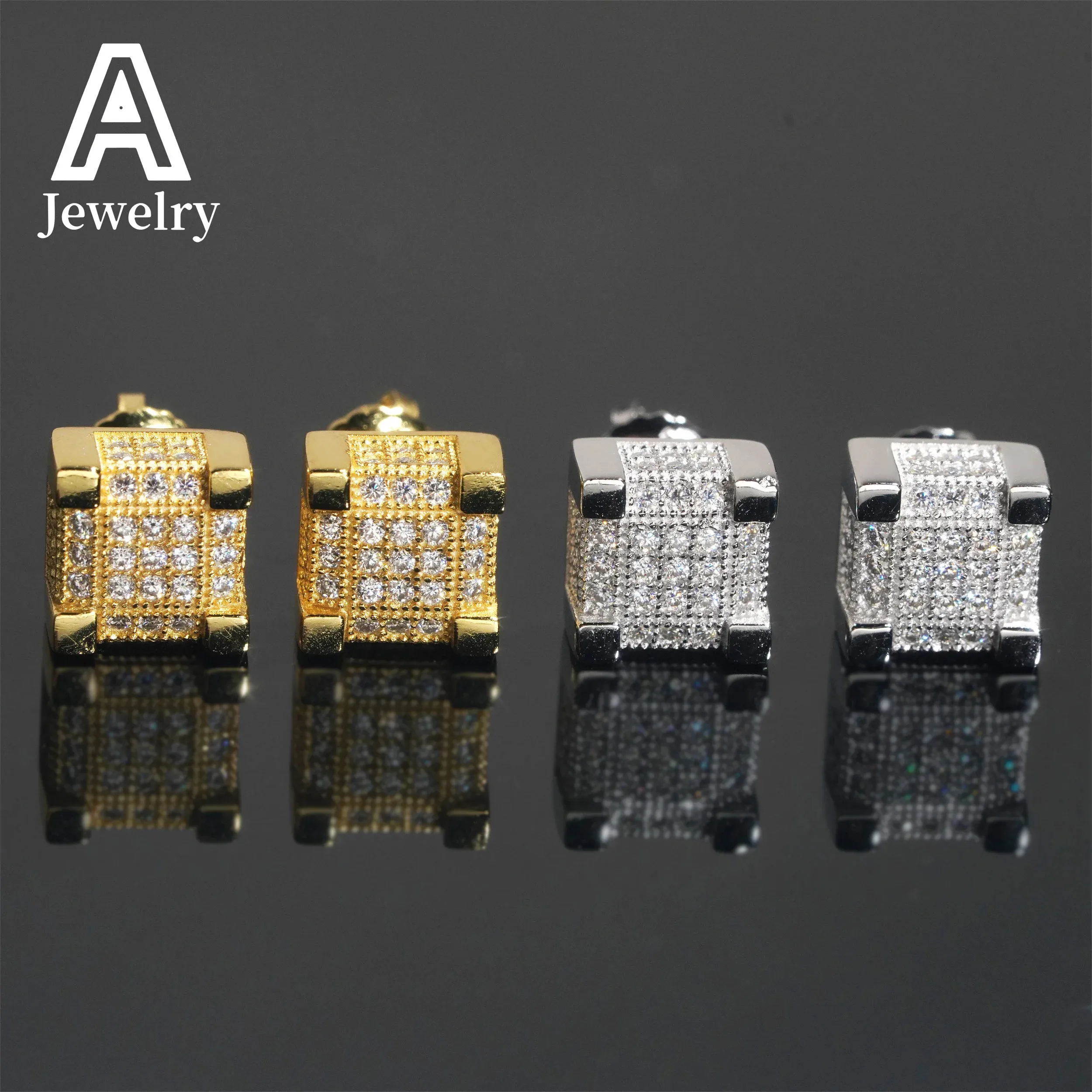 Modische Hip-Hop-Ohrstecker aus 925er Sterlingsilber mit VVS-Moissanit für Damen und Herren in quadratischer Form._voghion.com