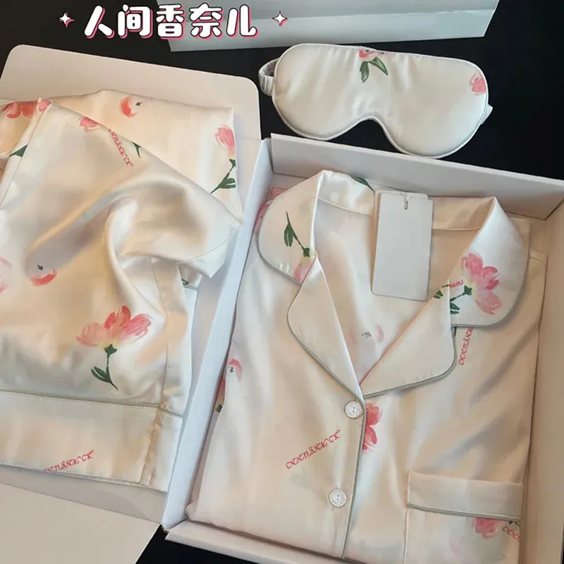 Long Sleeve Pajamas for Women Knit Acrylic Satin Paeonia Flower Shorts ...