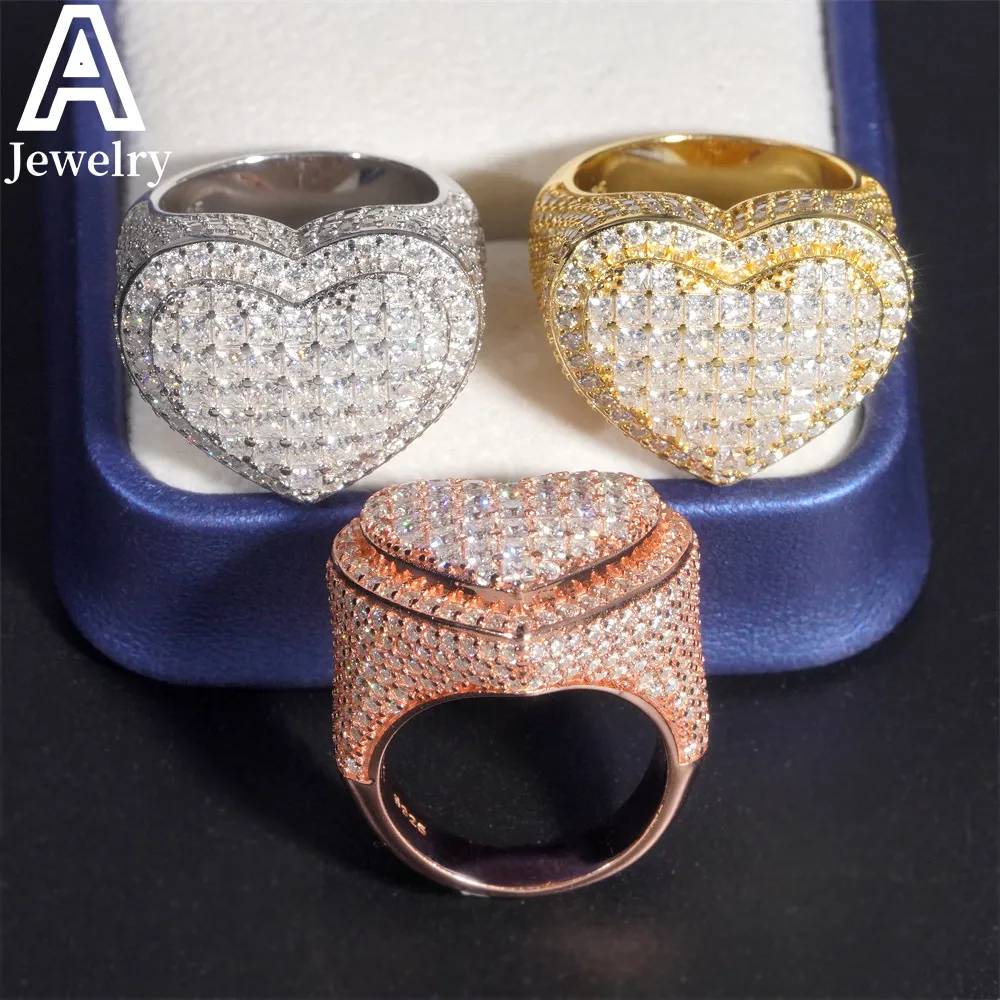 Hip Hop VVS Moissanite Trendy Heart Shape 925 Silver Diamond Engagement Rings For Men Women_voghion.com