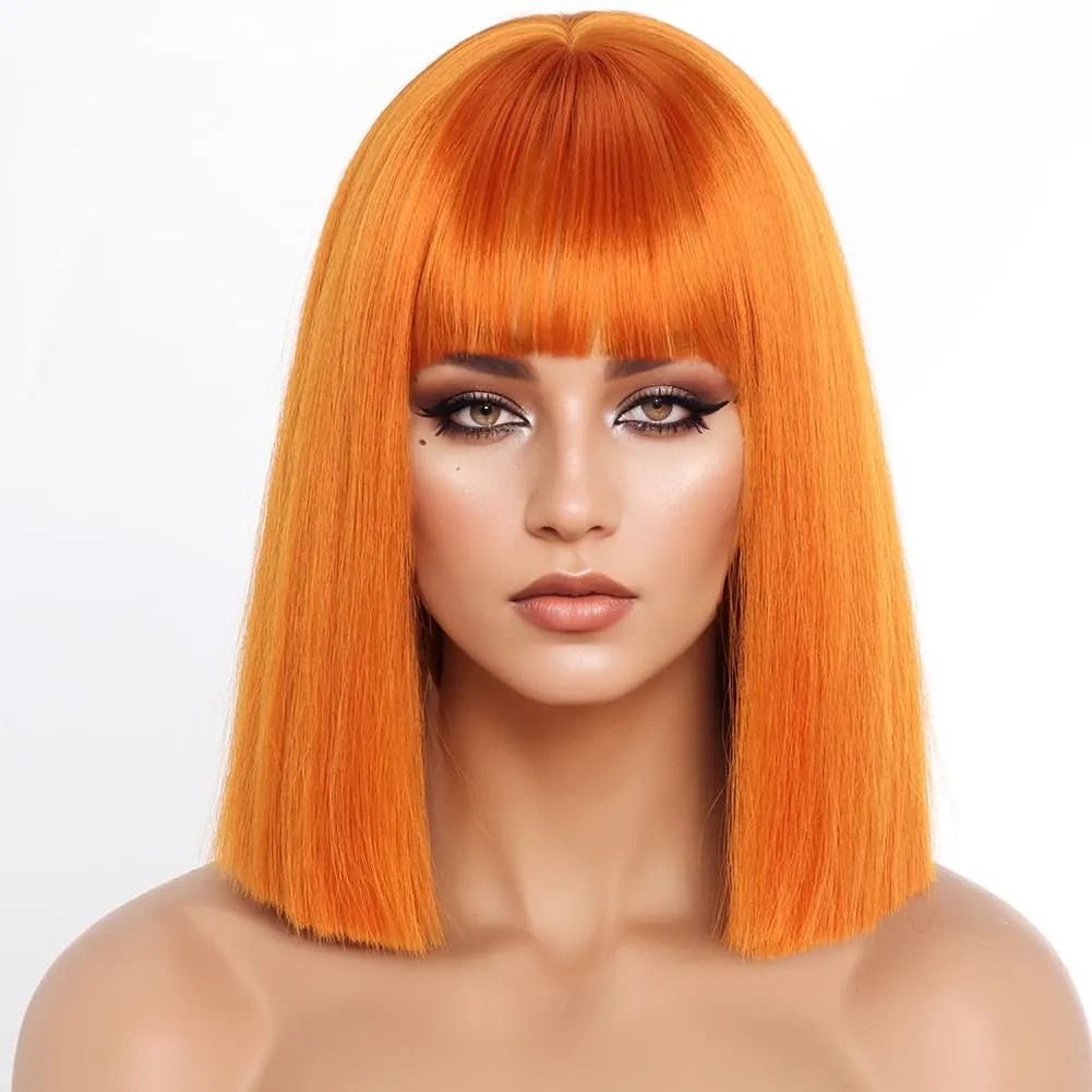 Short Straight Orange Bob Wig with Bangs, 12 Inch Shoulder  display picture 2