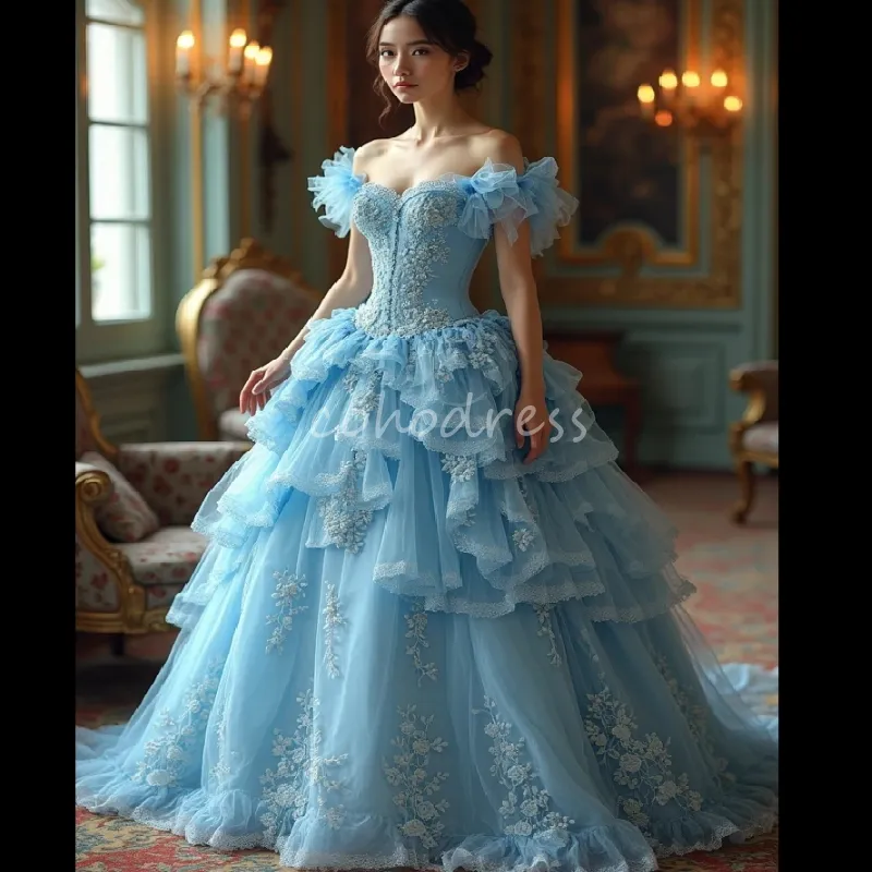 Stunning One Shoulder Baby Blue Prom Dress With Ruffles main image 1
