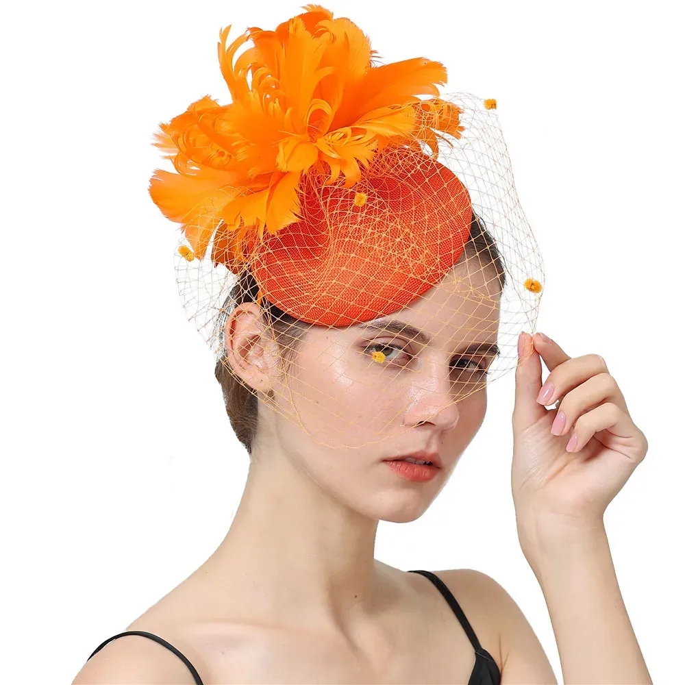 Derby Orange Linen Cocktail Fascinator Hat Feather Flower  display picture 1