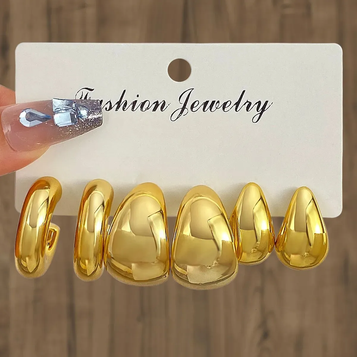 6piece Thick Gold Drip Ring Earring Set Suitable For Bohemian Women Retro Minimalism Smooth And Round Jewelry 250313_voghion.com