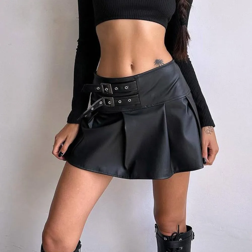 Womens Leather Mini Skirt New High Waisted Pleated Booty Skirt