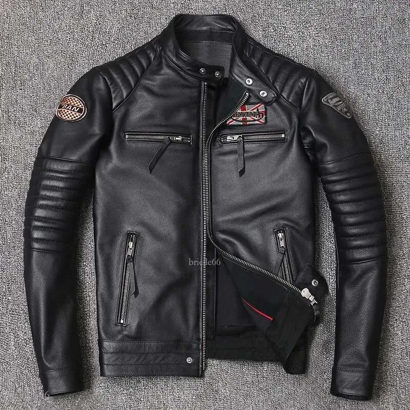 Mens Genuine Leather Motorcycle Jacket Slim Fit Biker Cowhide