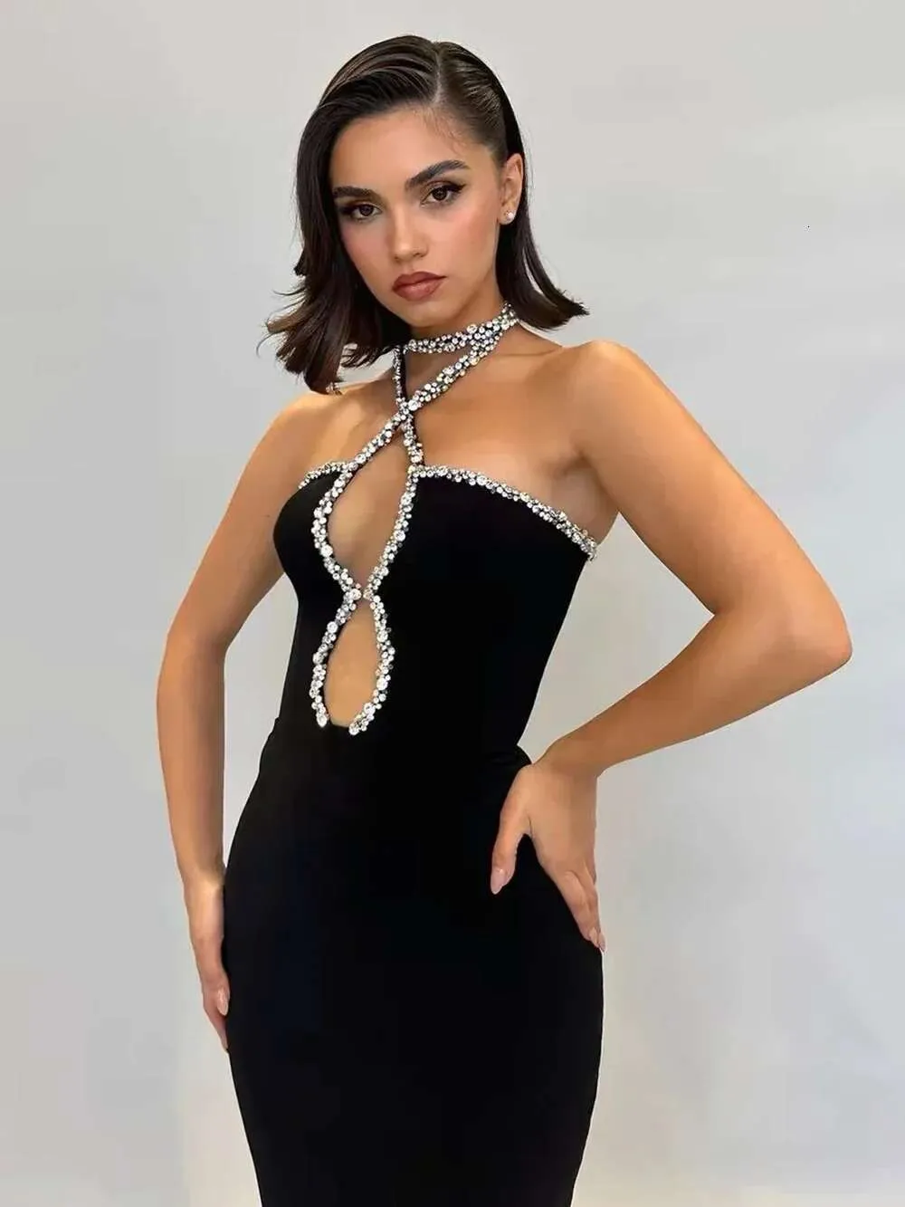 tight fitted party dresses Deep Draped Neck Long Sleeve Tight-Fitting Mesh Lace Dress, Apricot, Romantic For Date & Outing