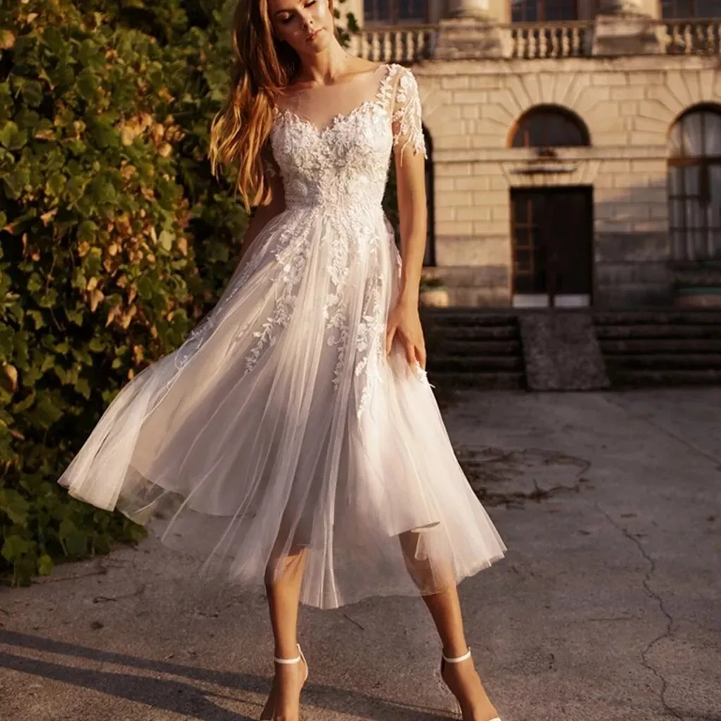 boho tea length wedding dress A-Line Ankle Lace Tulle Little White Dress COCOMELODY CW3396, 20 Days / Ivory / US14-UK16-EUR44 lace trim skirt Tea Length Boho Wedding Dress