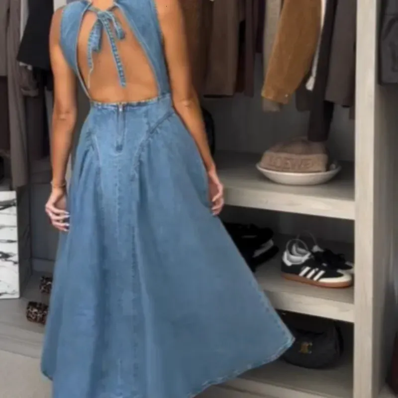Chic Backless Lace-Up High Waisted Sleeveless denim midi dress for Women - Sleeveless A-Line Style, Perfect for Spring Fashion and Street Style - Chic Backless Lace-Up High Waisted Sleeveless denim midi dress for Women - Sleeveless A-Line Style, Perfect for Spring Fashion and Street Style -