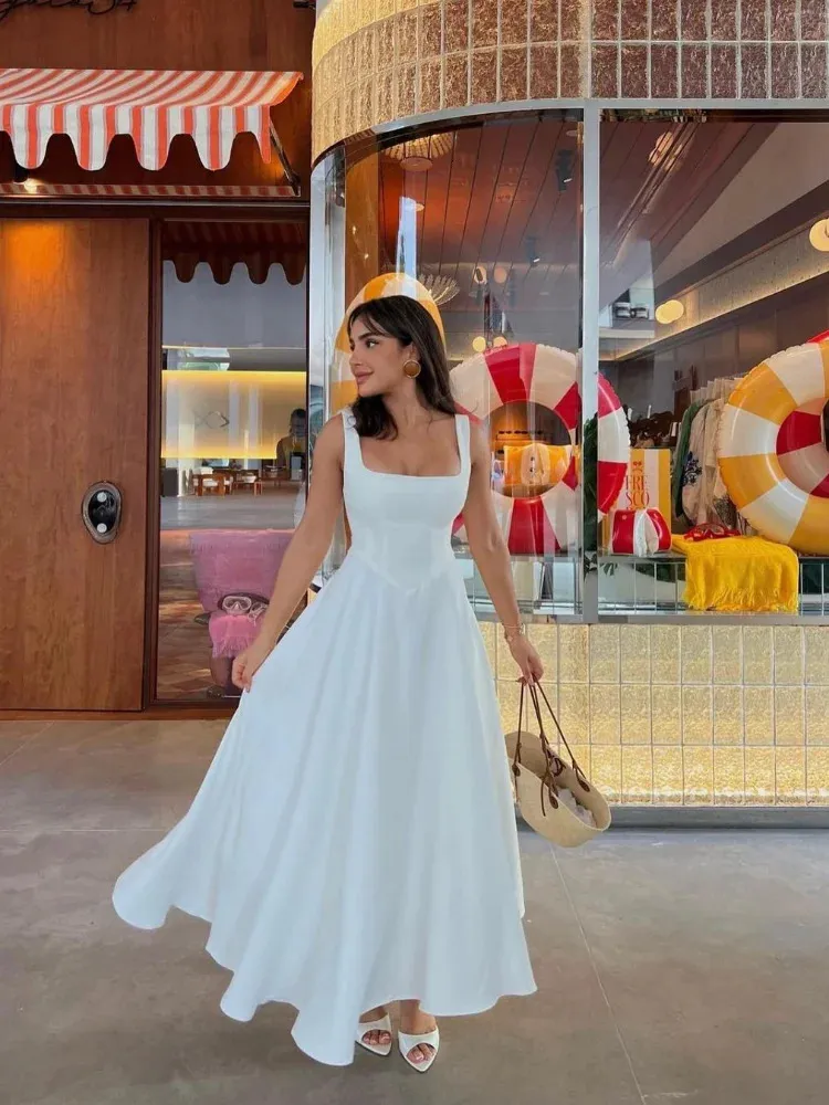 chinese dress ladies White Lace Classic Square Neck Sleeveless A-Line Maxi Dress – Loveiss