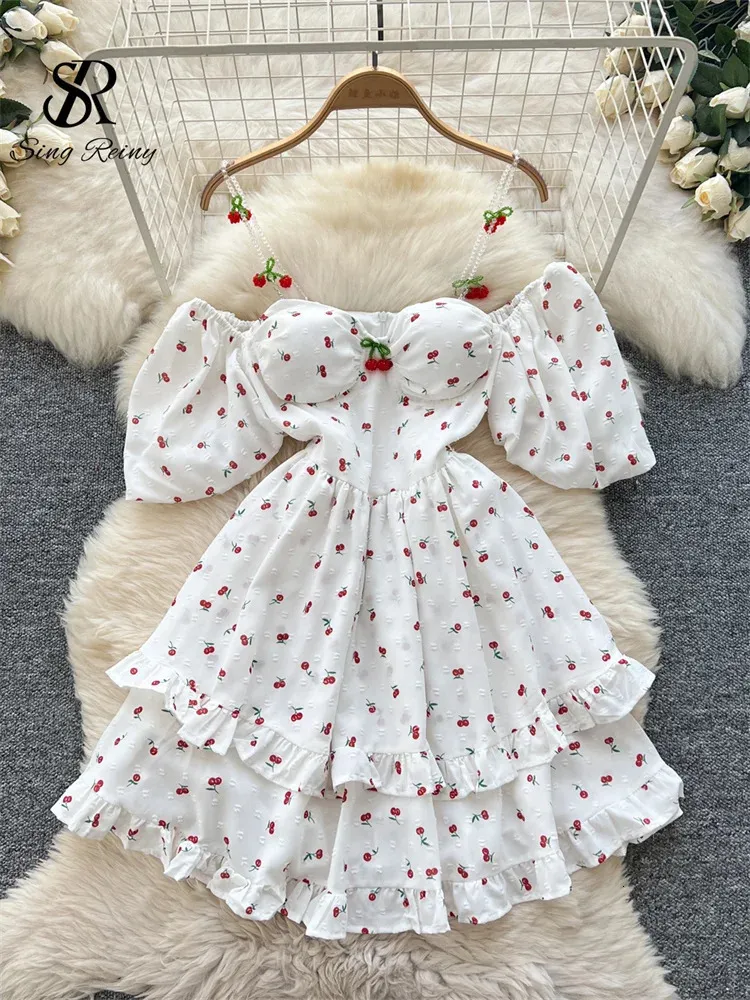 SINGREINY Fairycore Vacation Summer Dress Women Puff Sleeves Off