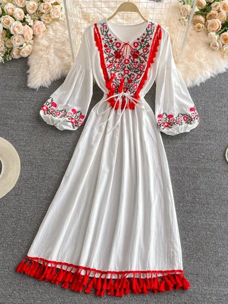 GK857 Cotton Linen Embroidery Dress V Neck Puff... From Kang02, $20.59 |  DHgate.Com