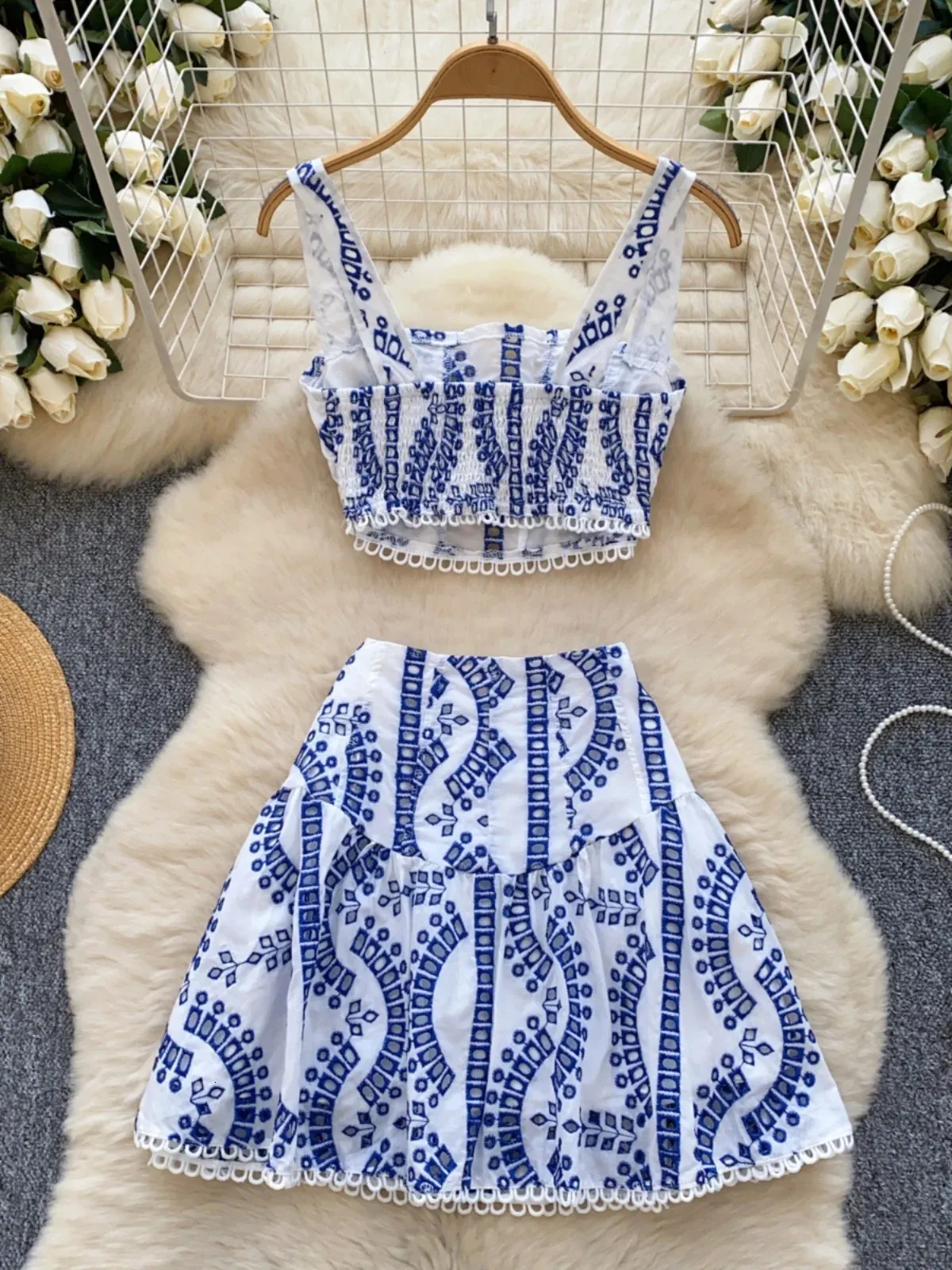 Holliday Womens White Two-Piece Midi Dress Set - Summer Cotton Crop Top &  Embroidered Hollow-Out Short Skirt Beach Outfit