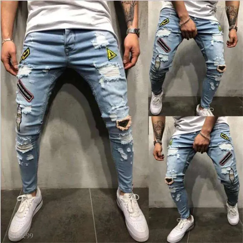 Fashion Streetwear Mens Jeans Vintage Blue Skinny Destroyed Ripped