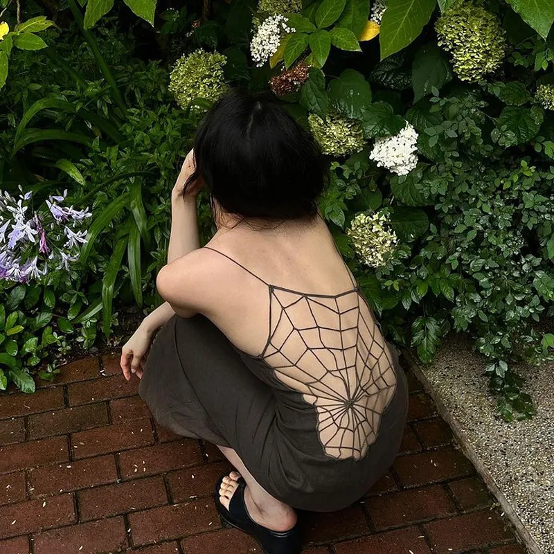 backless spiderweb dress Gothic Sexy Black Spider Web Dress