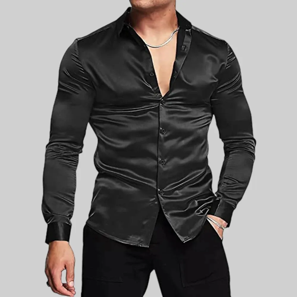 Shiny Lapel Silk Satin Satin Shirt dress for Men - Long Sleeved, Slim Fit, Fashionable Ball Shirt with Muscle Button Tailcoat (250420)
