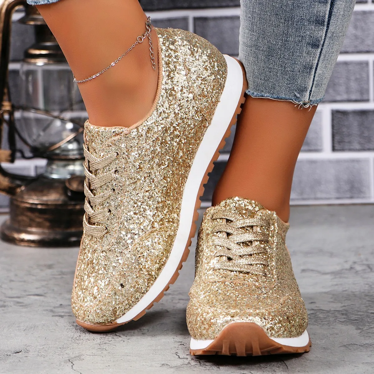 Ladies Gold Sneakers: Plus Size Sequin Lace Up Casual Flat Shoes