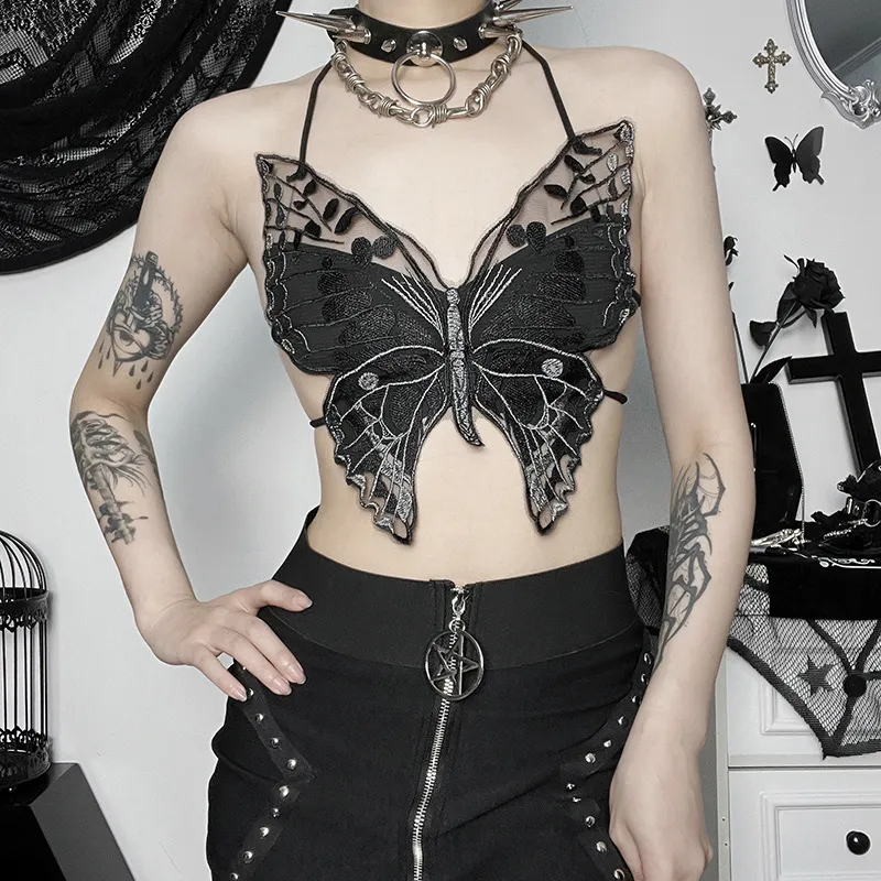Women's Gothic Black Crop Top - Spaghetti Strap, Backless, Y2K Mall Goth Punk Style - View #9