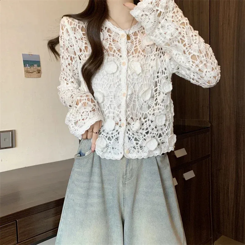 Boho Fringe Long Sleeve Cutout Button Up Sheer Crochet Open Knit Jumpsuit