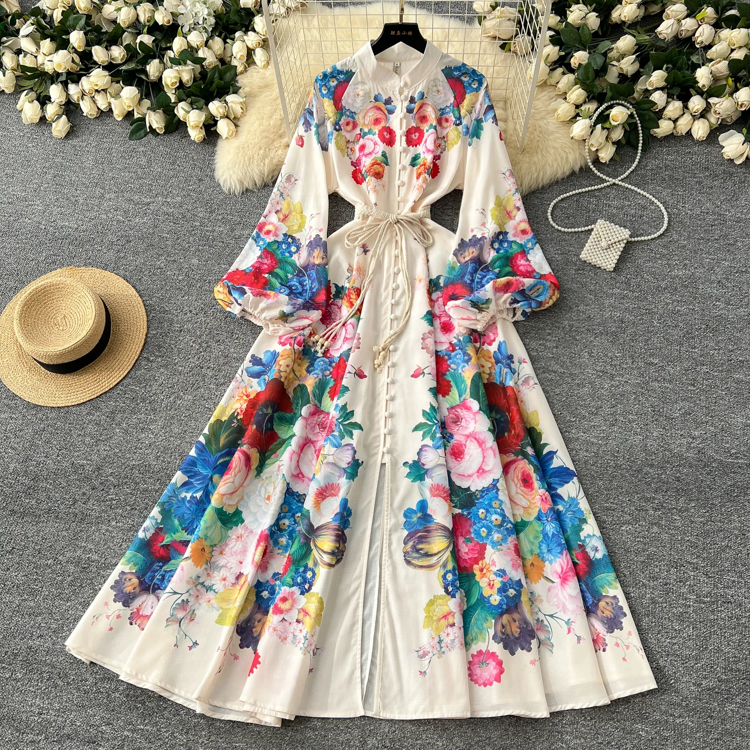 Product Title: Floral Print Long Dress Women's Bohemian Style with Drawstring Waist - Spring/Summer WearColor: Pink/Blue/Yellow/Red/WhiteSuitable Long Sleeve Maxi Casual Dresses Floral Print Maxi Dress With Lantern  Sleeves, High Waist \u0026 Lace Up Detail Elegant Spring/Summer Holiday Vestido  From Xiongstore, $35.18 In Bulk | DHgate.Com