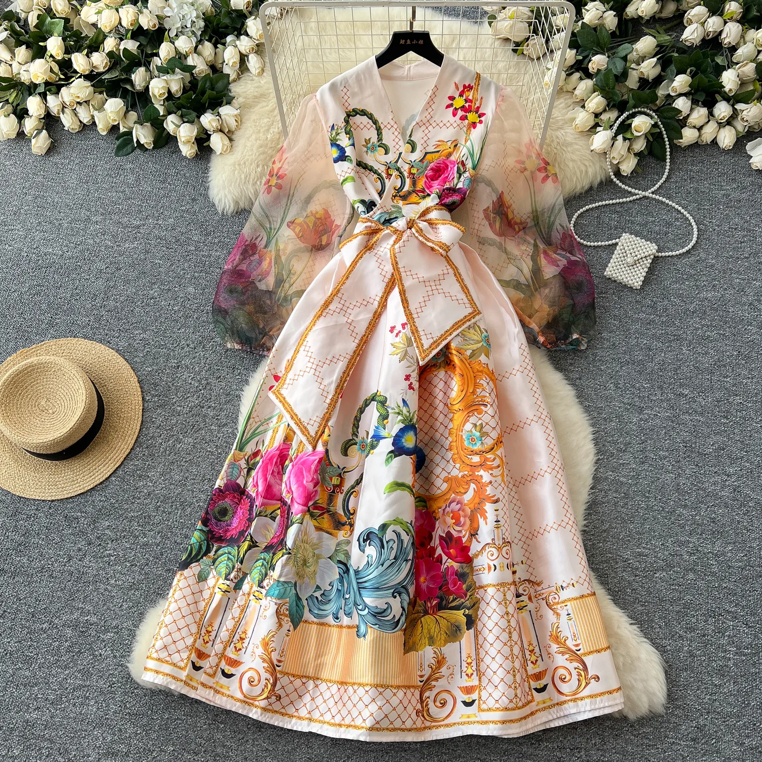 Elegant Floral Pocket V Neck Long Sleeve Two Pieces Elegant Floral Pocket V Neck Long Sleeve Two Pieces