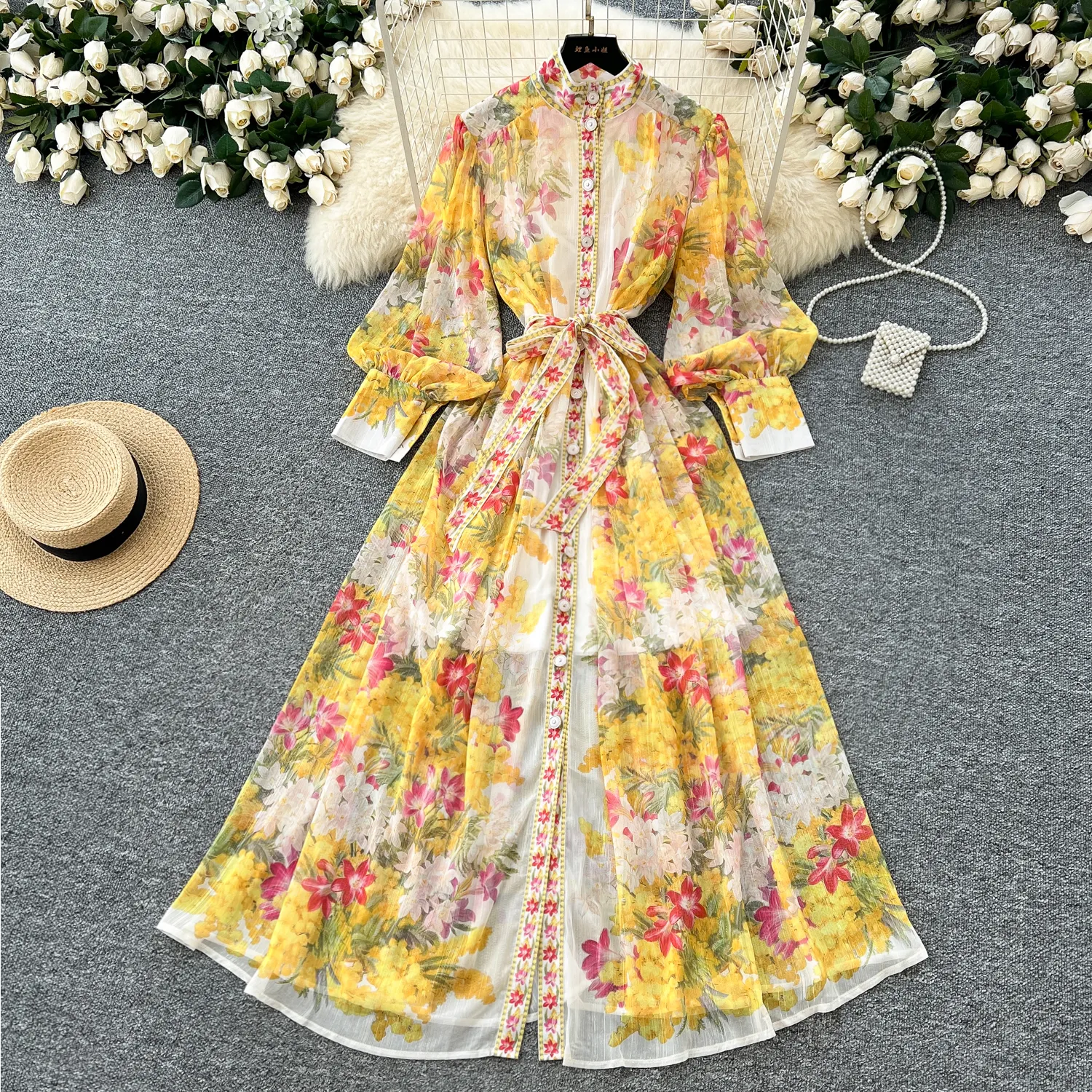 Floral Print Satin Dress Women Mid-Calf Length Long Sleeve Crew Neck A-Line  Silhouette from Dhgate Basic & Casual Dresses - price 36.19