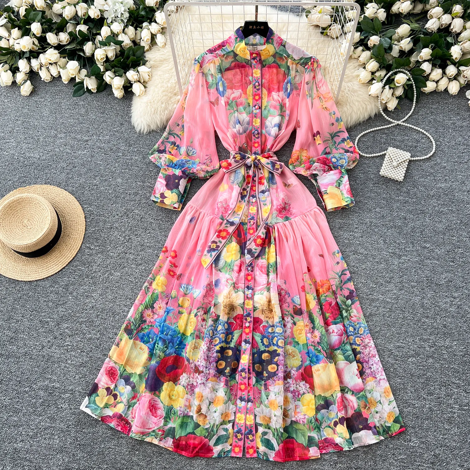 Save Big on Bulk Maxi Summer Dresses 2025 Elegant Long Sleeve Chiffon  Dresses: Bohemian Floral Maxi Dress With Stand Collar And Belt Lightweight  For
