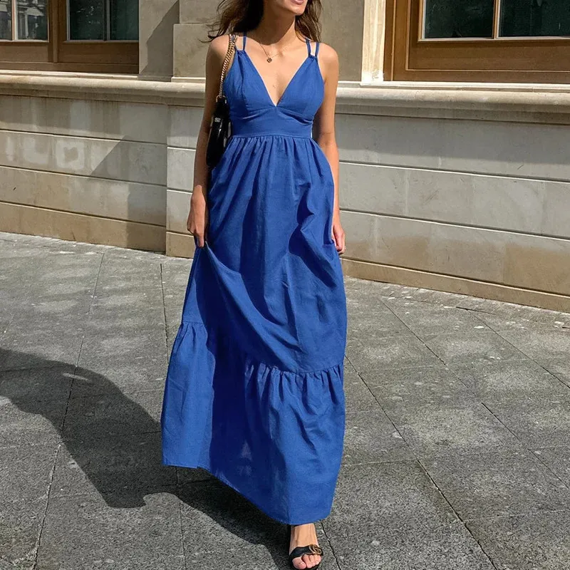 Elegant Blue V-Neck Pleated Holiday Blue maxi dress with Suspenders and Lace-Up Back for Women - Perfect for Summer Street and Beach Activities (