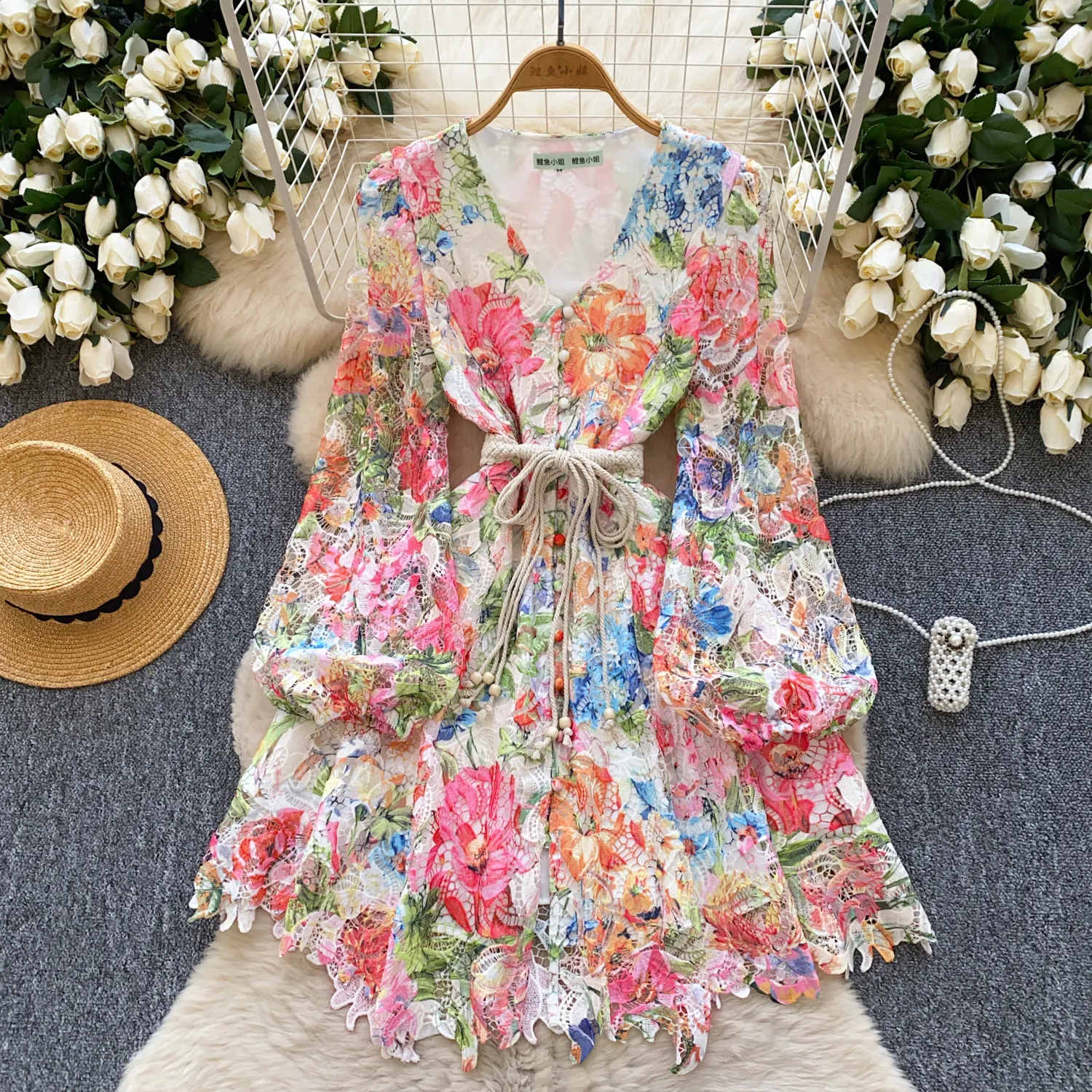 Women's Leaf Print Stitching Lace Dress Women's Leaf Print Stitching Lace Dress