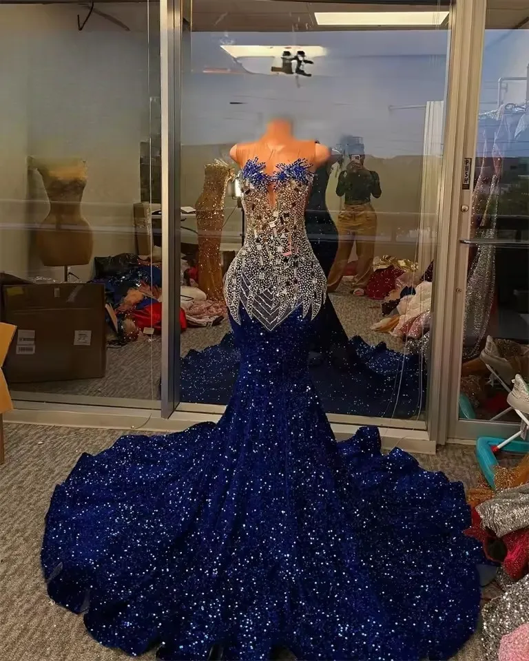 royal blue beaded dress Royal Blue sequin Silver Beaded Mermaid Long V-neck Prom Dresses main image 0
