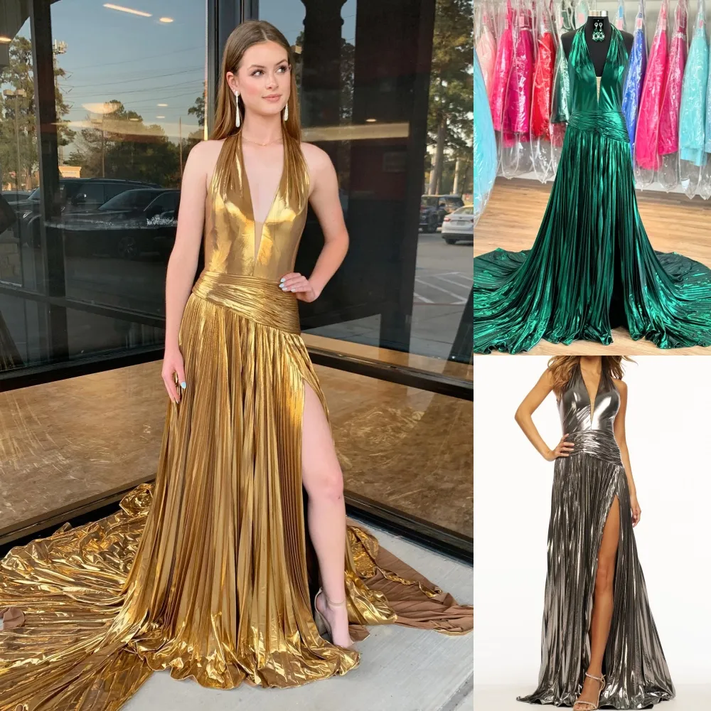 Gold Metallic Prom Dresses Halter V Neck Pleated... From Fashion_google,  $106.99 | DHgate.Com