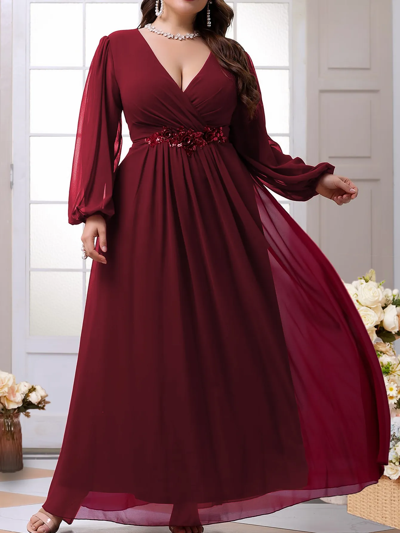 burgundy mother of the bride dresses plus size Ankle Length Burgundy Plus Size Mother of the Bride Lace Dress with Sl –  loveangeldress main image 0