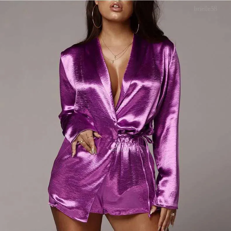 Satin Two Piece Bandage Playsuit Women Turn Down Collar Loose