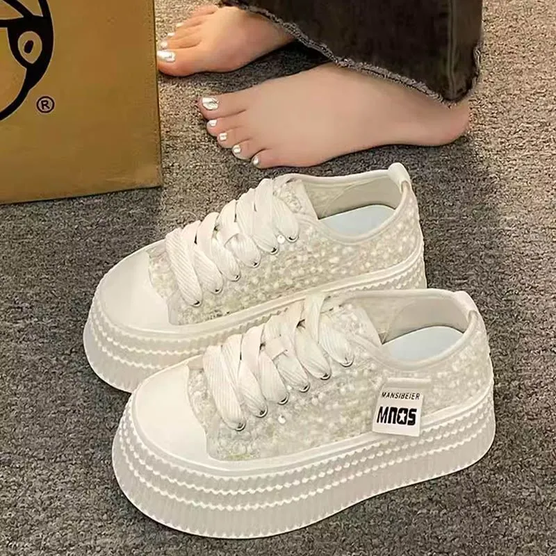 Sequined Thick Sole White For Women Summer New Versatile Casual Sports High End Canvas Shoes Ddmysaturn_desvips.com