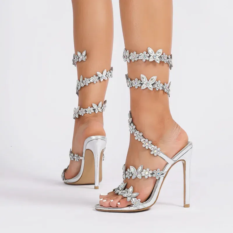 Bling Crystal Butterfly Flowers Decor Women Gladiator Sandals Fashion Summer High Heels Wedding Banquet Shoes Sandalias_voghion.com