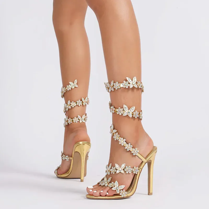 Bling Crystal Butterfly Flowers Decor Women Gladiator Sandals Fashion Summer High Heels Wedding Banquet Shoes Sandalias_voghion.com