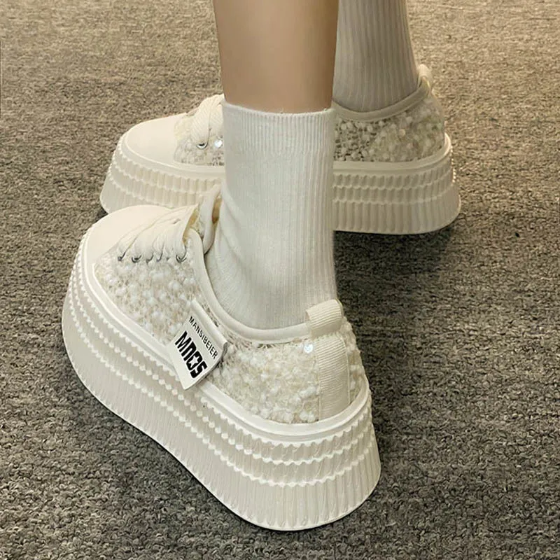 Sequined Thick Sole White For Women Summer New Versatile Casual Sports High End Canvas Shoes Ddmysaturn_desvips.com