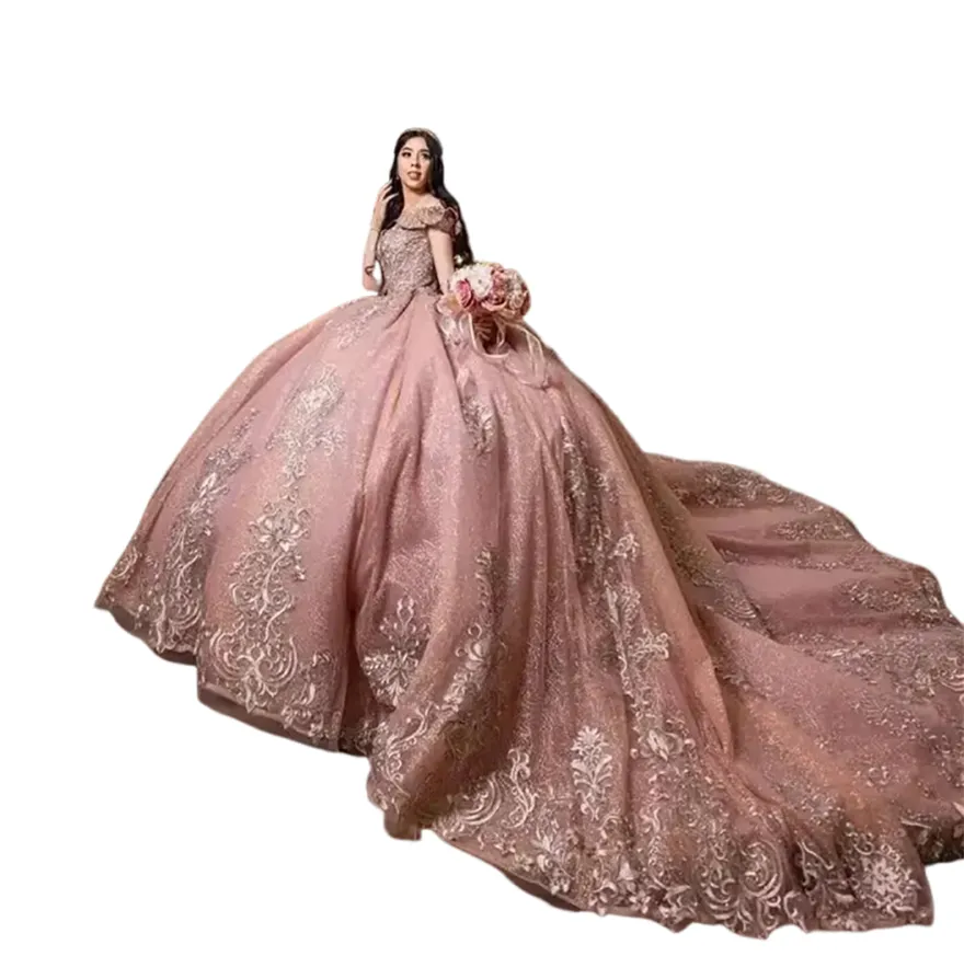 Principessa Rosa Fuori Dalla Spalla Abito Da Ballo Quinceanera