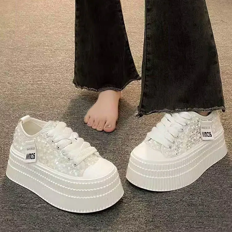 Sequined Thick Sole White For Women Summer New Versatile Casual Sports High End Canvas Shoes Ddmysaturn_desvips.com