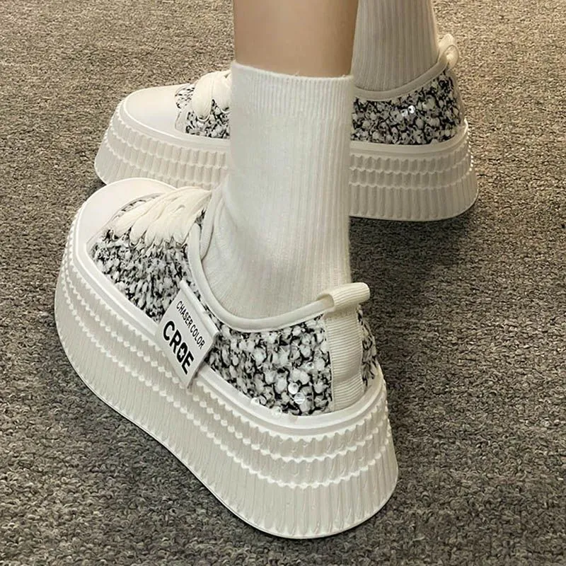Sequined Thick Sole White For Women Summer New Versatile Casual Sports High End Canvas Shoes Ddmysaturn_desvips.com