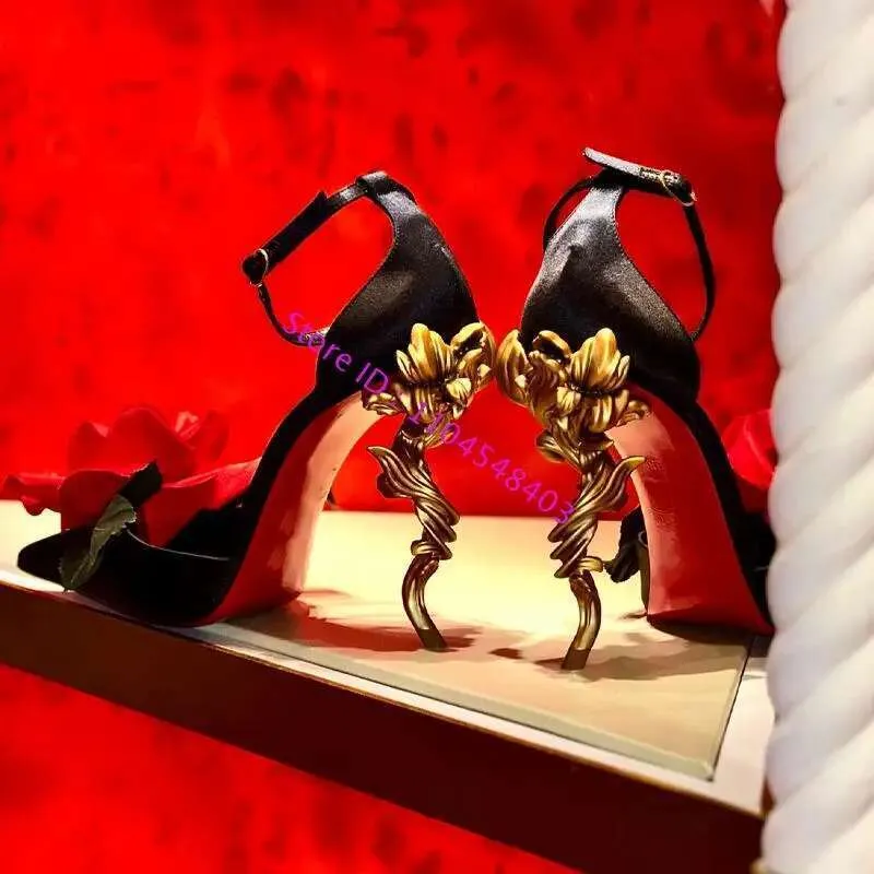 Elegant Black Dress Shoes Floral Pointed Heels, Gold Branch Accents, Red  Rose Buckle Sandals, Chic Party Shoes, Comfortable High Heels, Buy Now!