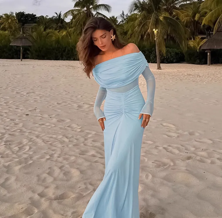 chinese dress ladies Floral Embroidery Sheer Boat Neckline Chiffon A-line Long Dress GLGL3363 main image 0