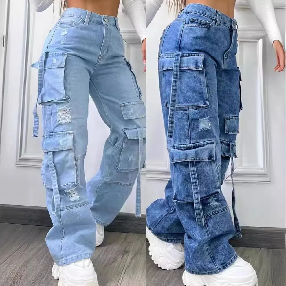 Jeans De Mezclilla De Pierna Ancha De Cintura Alta Para Mujeres