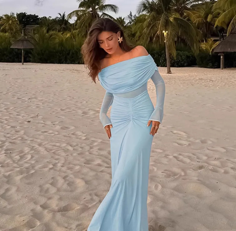 Elegant Boat Neck Backless Dress: Womens A Line Maxi Dress, High