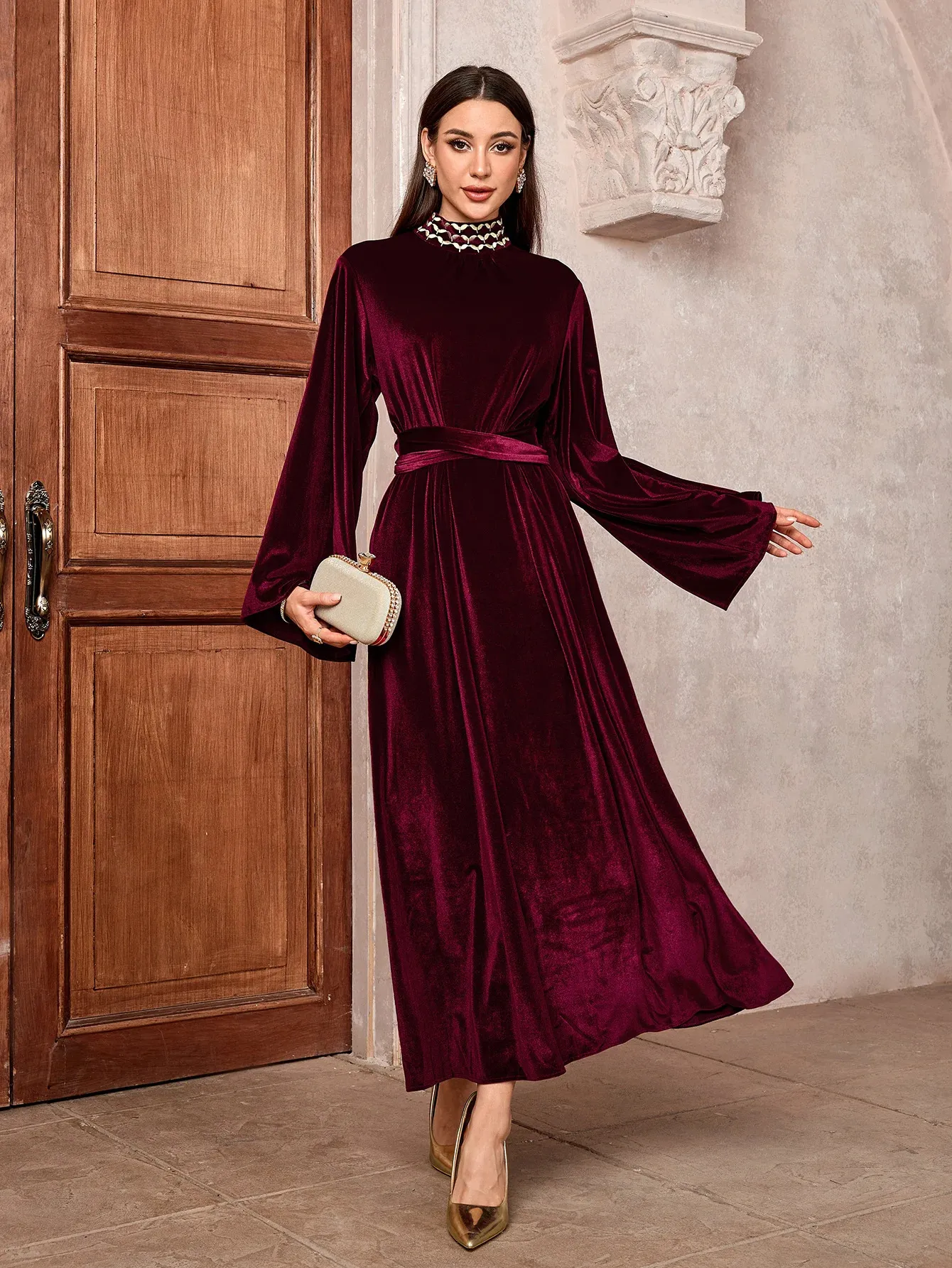 ladies long velvet dresses Sleeve Maxi Dress For Women Elegant Long Party Dress Velour Luxury Dress for Female Robe V Neck Velvet Dress This Red Velvet Long Sleeve Dress features luxurious velvet fabric with a fitted bodice TAIAOJING Women's Side Slit V-Neck