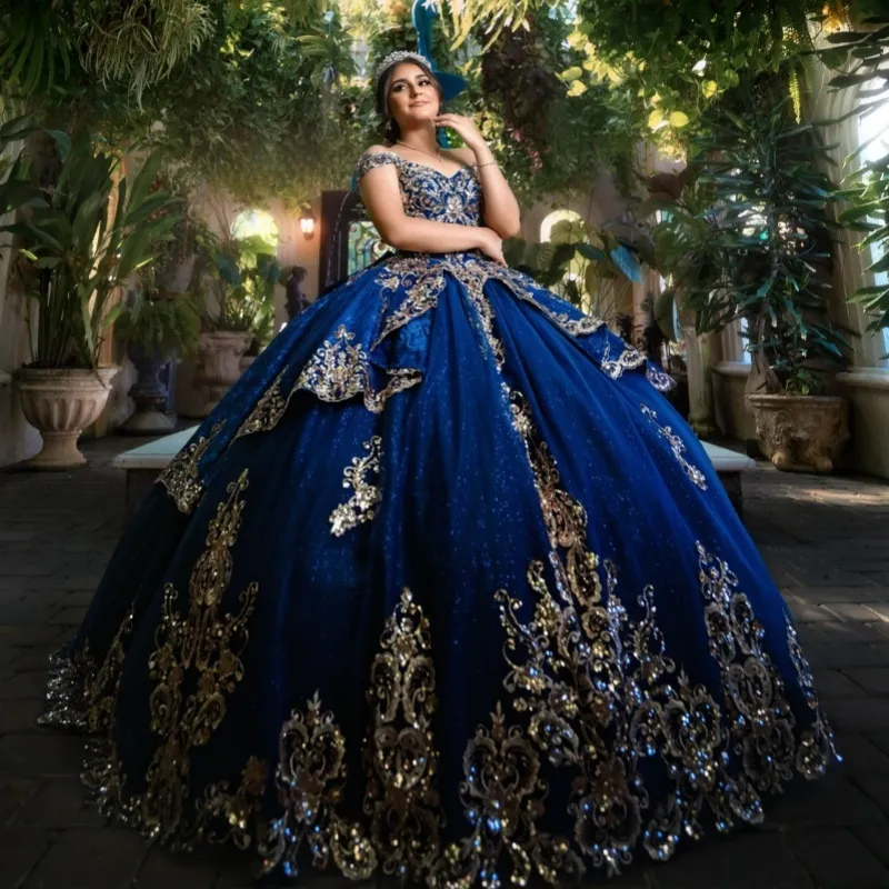 Royal Blue Quinceanera Dresses Off Shoulder Ball Gown Gold Applique Lace-up  | eBay
