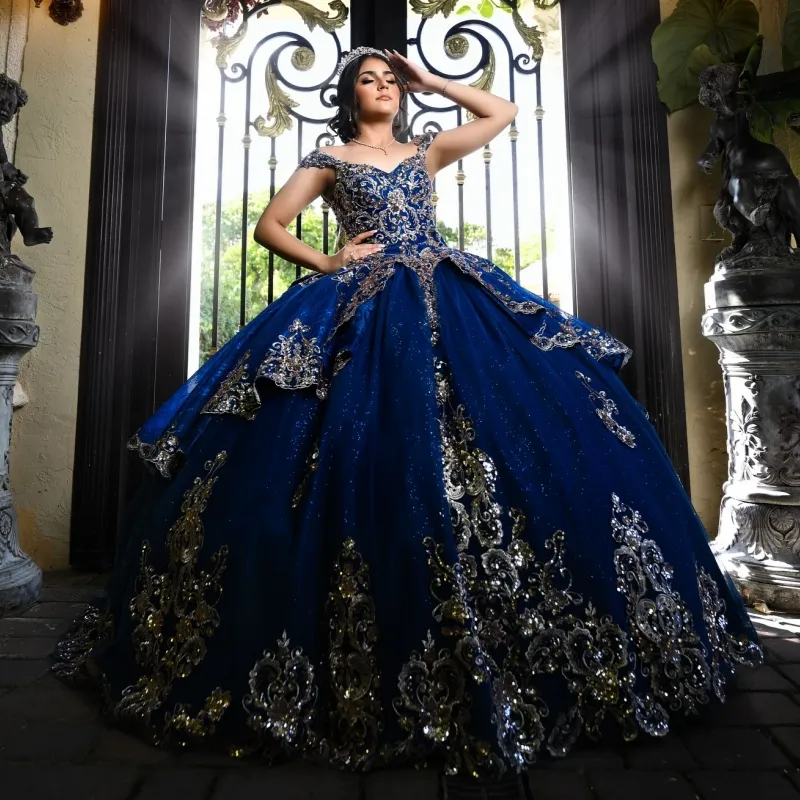 Midnight Quince Dress Navy Blue With Gold Quinceanera Dresses Navy Blue And Gold  Quinceanera Dresses Velvet