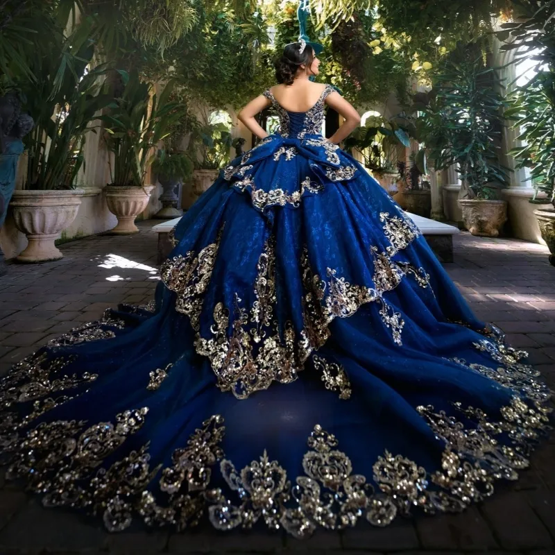 Royal Blue Quinceanera Dresses Off Shoulder Ball Gown Gold Applique Lace-up  | eBay